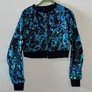 Forever 21 Iridescent Blue and Black Sequin Jacket Size S